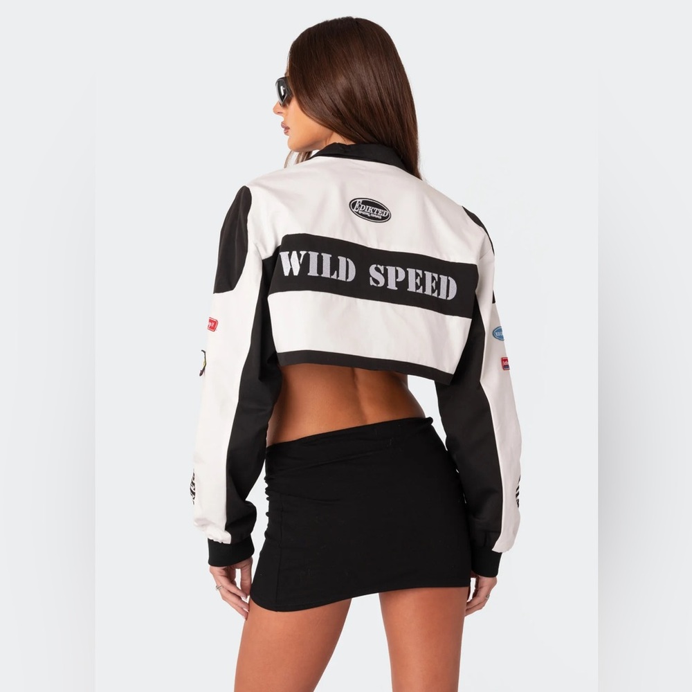 Size S Edikted black and white Lenni patch cropped Wild Speed long sleeve jacket - Picture 11 of 13